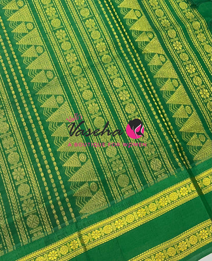 Pure Korvai Silk Cotton - Podi Kattam -White & Green with Green - Retta Petta Border - VVKSC003