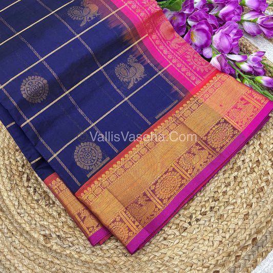 Pure Silk Cotton Saree - Mayil & Chakkaram Design - Blue With Pink  - VVMC001