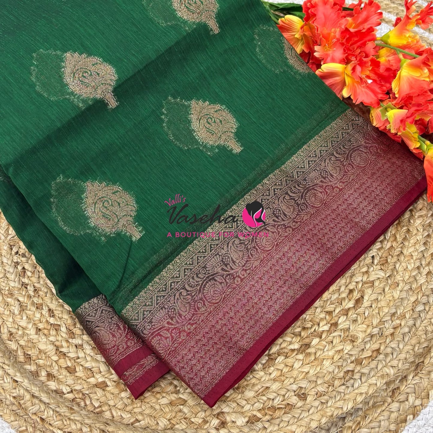 Bamboo Silk Saree - Green With Red - VVBSS019