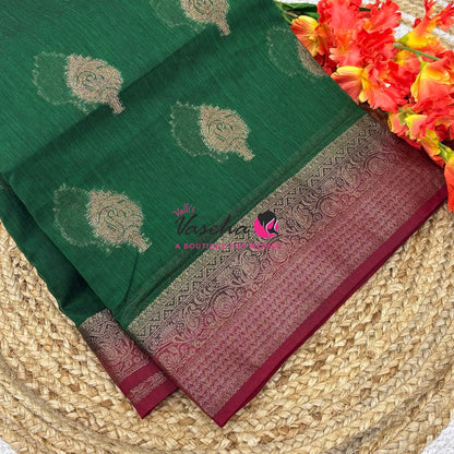 Bamboo Silk Saree - Green With Red - VVBSS019
