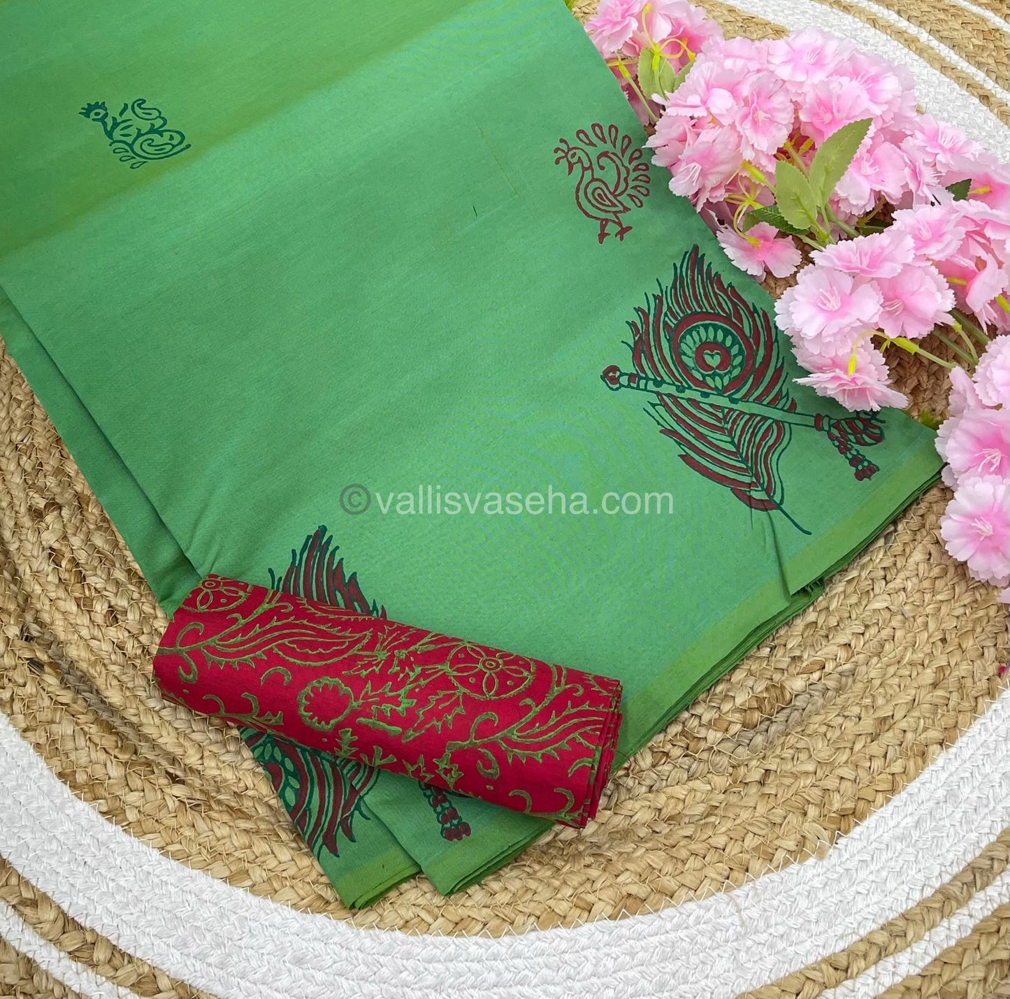 Poly Silk Mixed Printed Cotton - Green With Red - VVPCP002