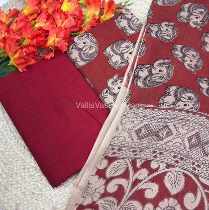 Unstitched Salwar Material -Kalamkari & Raw Silk - Maroon Shade  - VVUSM018