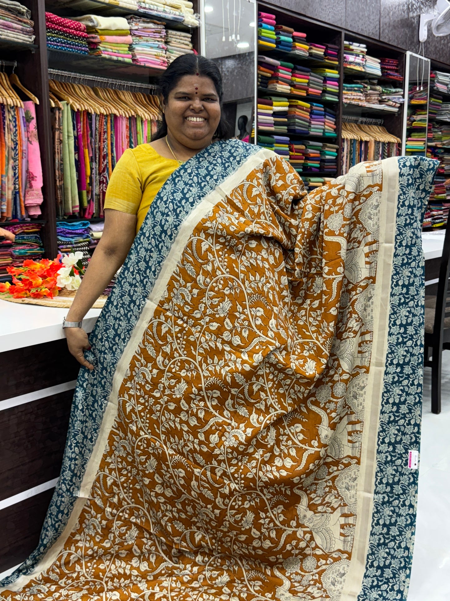 Casual Wear - Semi Silk Mixed - Kalamkari -Mustard Yellow with Ramar Blue - VVSSK001