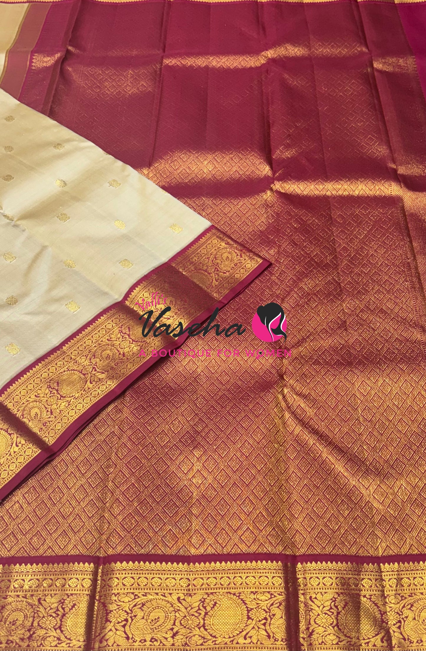 Pure Vintage Korvai Kanchipuram Silk Saree - Ivory/Cream & Maroon Combo - VVPS034