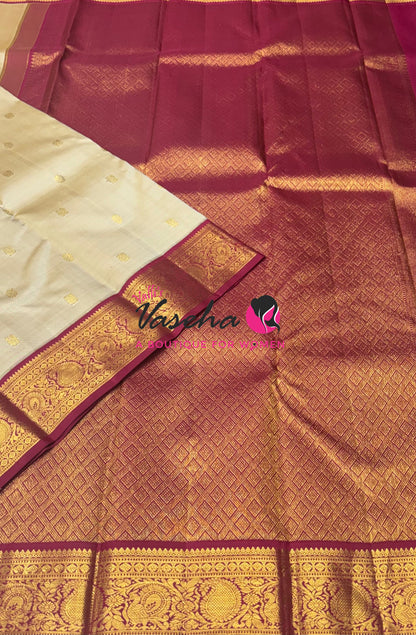 Pure Vintage Korvai Kanchipuram Silk Saree - Ivory/Cream & Maroon Combo - VVPS034