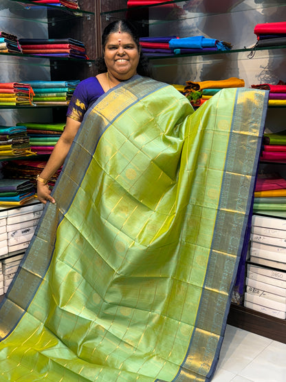 Pure Silk Cotton Saree - Mayil & Chakkaram Design - Light Green with Blue  - VVMC001