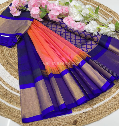 Pure Korvai Silk Cotton Saree - Peach with Blue Combo - Temple border - VVKSC001