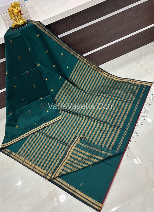 Pure Maheshwari Silk Cotton Saree - Peacock Green Color - VVMSC007