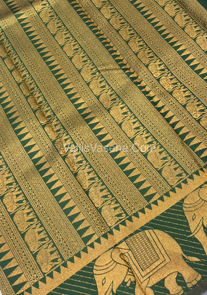 Semi Silk Saree - Kanchi Silk Style - Elephant Border - Ice Blue with Green - VVSSS005