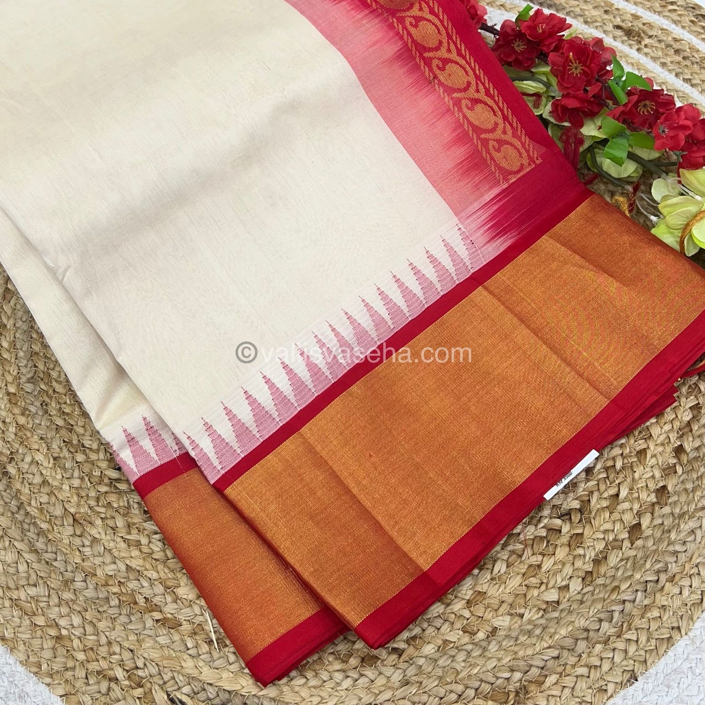 Pure Korvai Silk Cotton Saree - Half white / Cream With Red - Temple border - VVKSC001