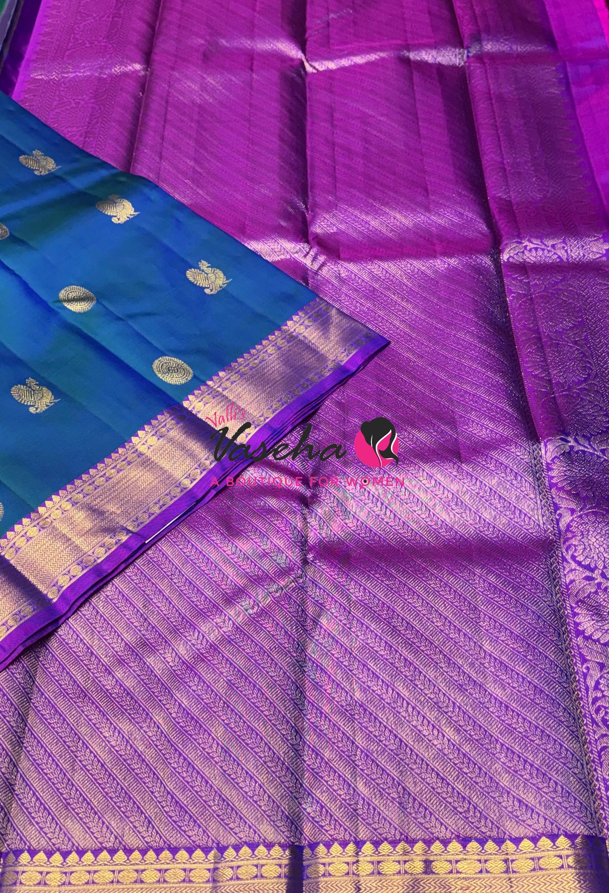 Pure Kanchipuram Silk Saree - Peacock Blue & Purple Combo - VVPS025