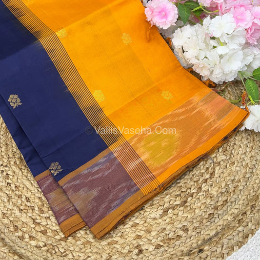 Semi Silk Cotton Saree - Navy Blue &Yellow - VVSSC001