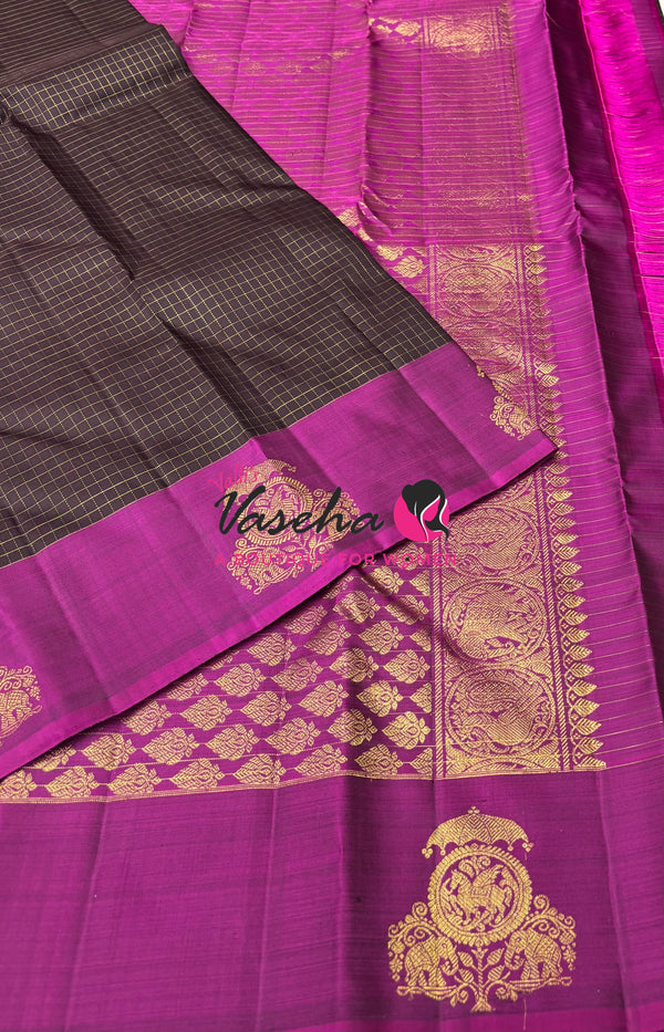 Pure Kanchipuram Silk Saree - Coffee Brown & Pink Combo - VVPS075