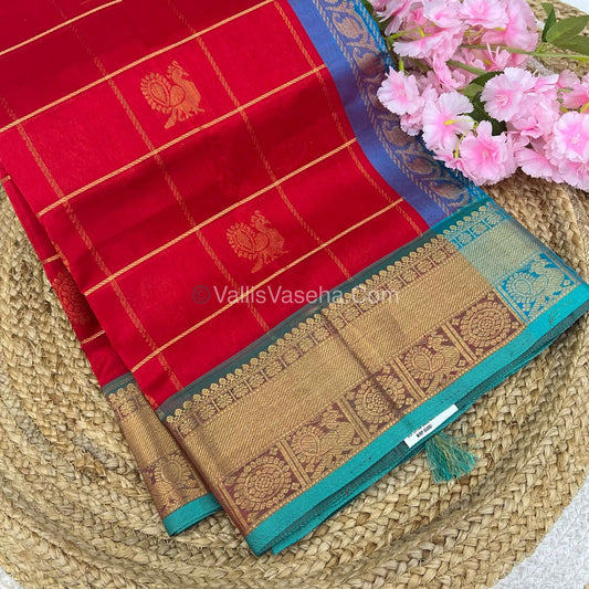 Pure Silk Cotton Saree - Mayil & Chakkaram Design - Red With Blue Shade - VVMC001