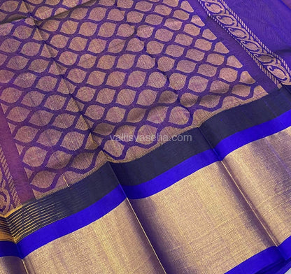 Pure Korvai Silk Cotton Saree - Peach with Blue Combo - Temple border - VVKSC001