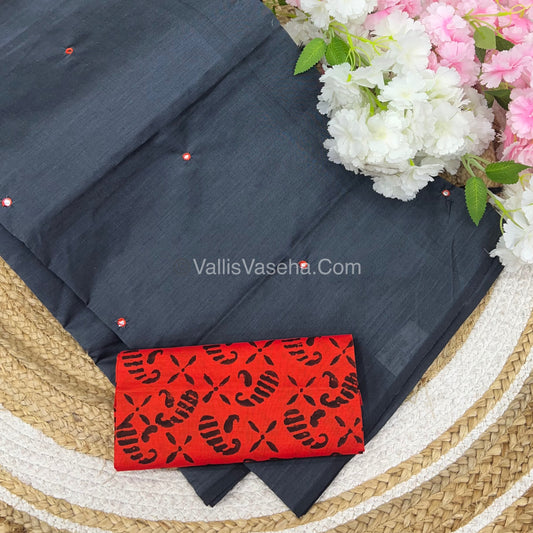 South Mixed Cotton - Mirror Work Embroidery - Grey With  Orange - VVPCM002