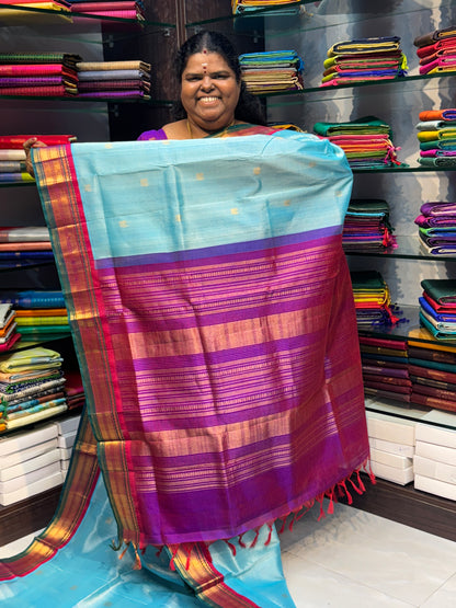 Pure Korvai Silk Cotton Saree - Ice Blue with Purple & Green - VVKSC004