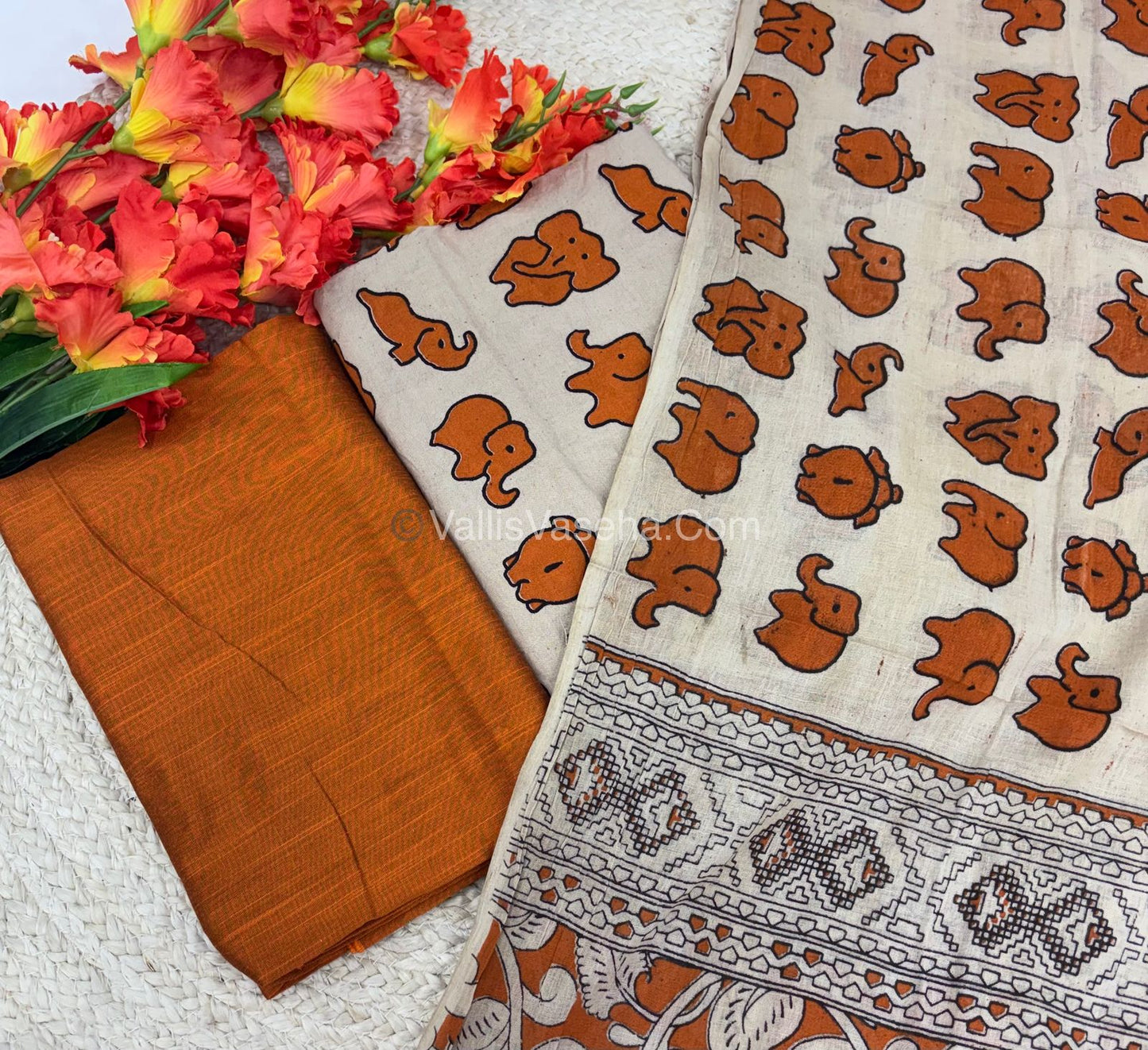 Unstitched Salwar Material -Kalamkari & Raw Silk - Orange Shade  - VVUSM018