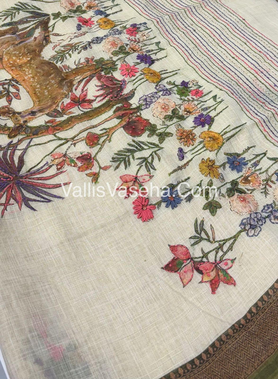 French Knot - Tissue Saree - Cream With Green Shade - VVLFN005