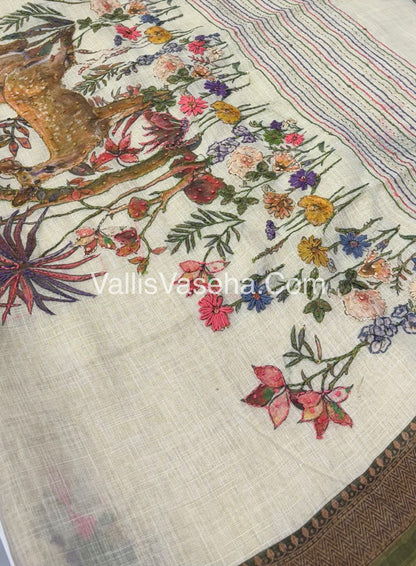 French Knot - Tissue Saree - Cream With Green Shade - VVLFN005