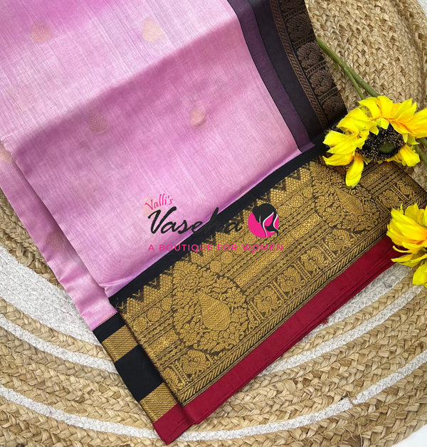 Pure Korvai Silk Cotton - Light, Pink With Black Shade VVKSC019