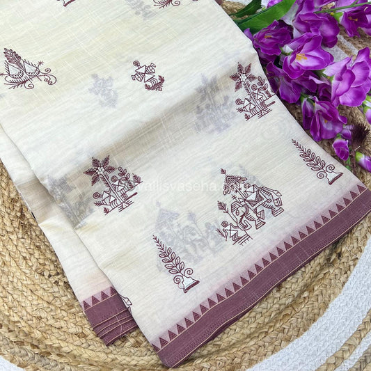 Semi Tussar Embroidery - Cream with Merun Combo - VVSTE001