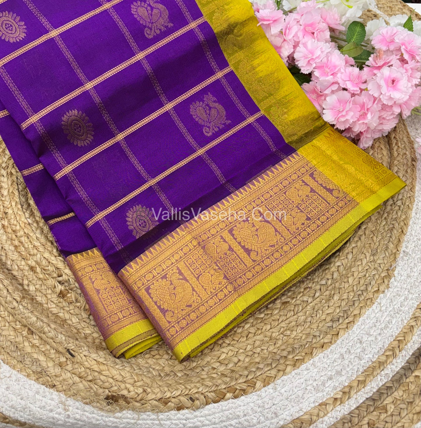 Pure Silk Cotton Saree - Mayil & Chakkaram Design - Purple With Lemon Green Combo -VVMC003