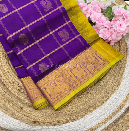 Pure Silk Cotton Saree - Mayil & Chakkaram Design - Purple With Lemon Green Combo -VVMC003