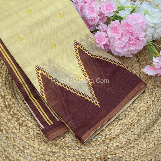 Semi Chanderi Saree - Cream & Brown Combo - VVSCS003