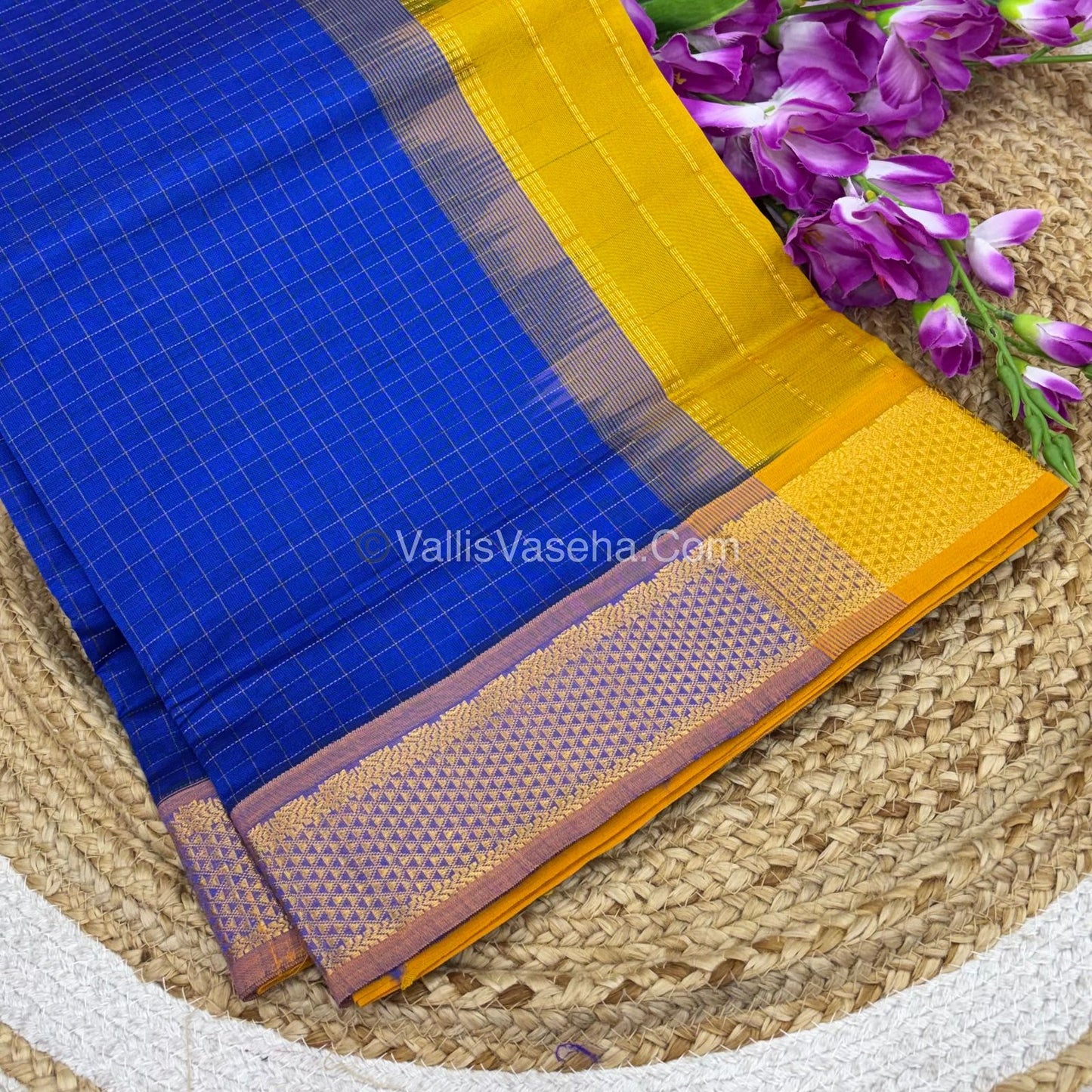 Semi Silk Cotton Saree - Blue  With Yellow shade - VVSSC003