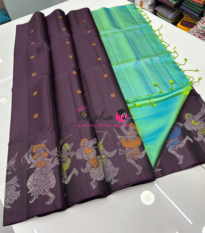 Pure Soft Silk Saree  - Brown With Dual Tone Green Combo - VVPSS139