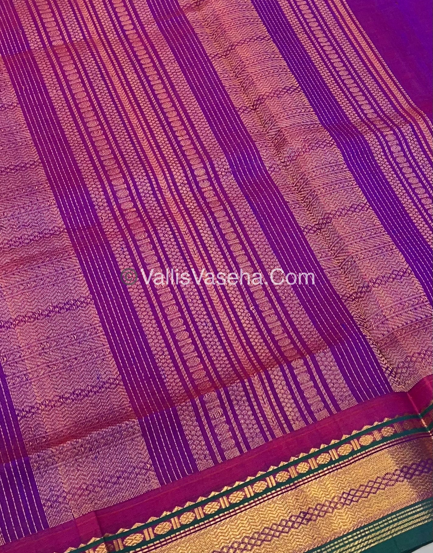 Pure Korvai Silk Cotton Saree - Cream with Ramar Green & Purplish Pink - VVKSC004
