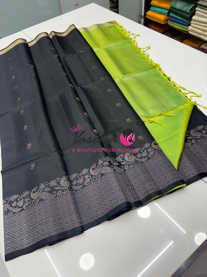 Pure Soft Silk Saree -  Black & Green Shade - VVPSS086