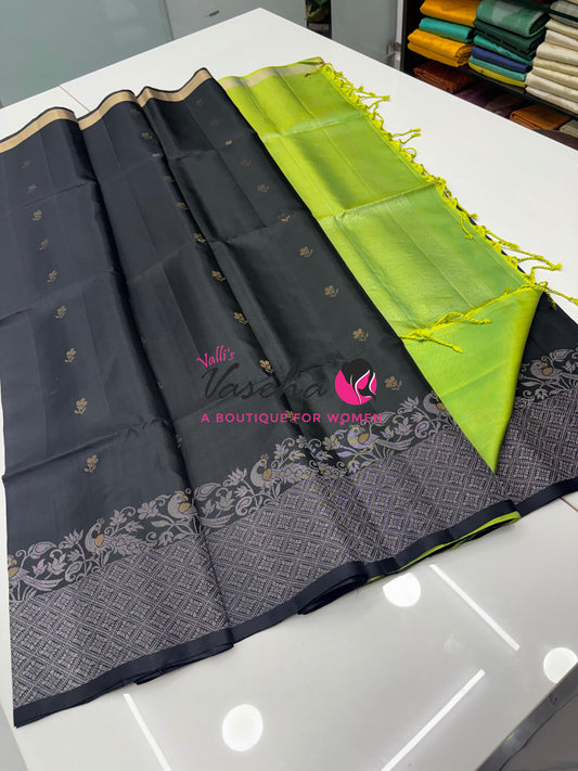 Pure Soft Silk Saree -  Black & Green Shade - VVPSS086