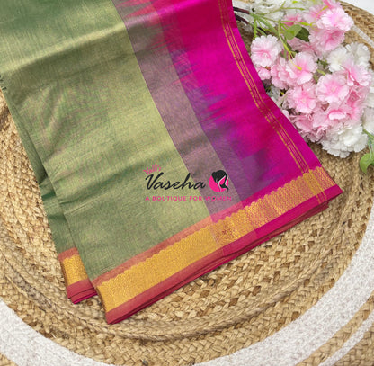 Pure Silk Cotton Sarees - Green With Pink - VVPSC017