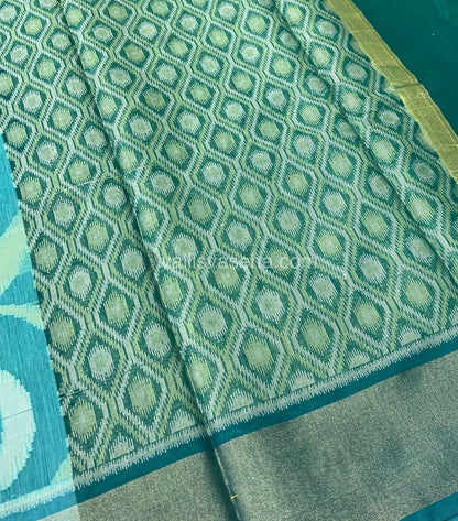 Banarasi Pochampally Weaving Semi Soft Cotton Saree - Blue with Ramar Green - VVBPS001