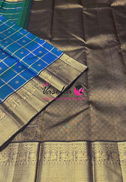 Pure Vintage Korvai Kanchipuram Silk Saree - Peacock Blue & Navy Blue Combo - VVPS021