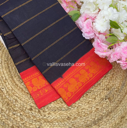Sungudi Cotton Saree | Velthari Design - Black with Mustard Peachish Red Shade - VVSCV001