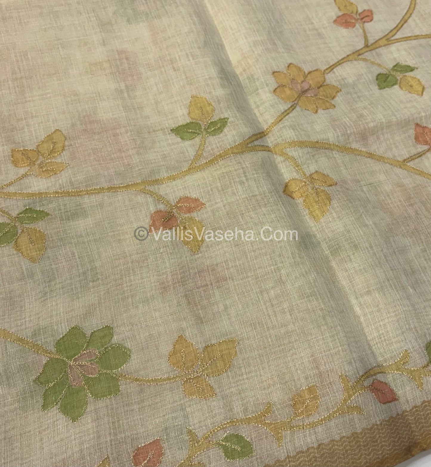 Tissue Linen Saree - Cream With Yellow Shade - VVTLS002
