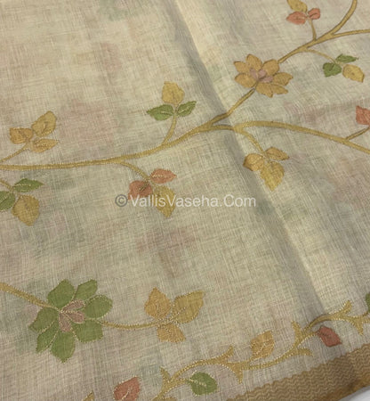 Tissue Linen Saree - Cream With Yellow Shade - VVTLS002