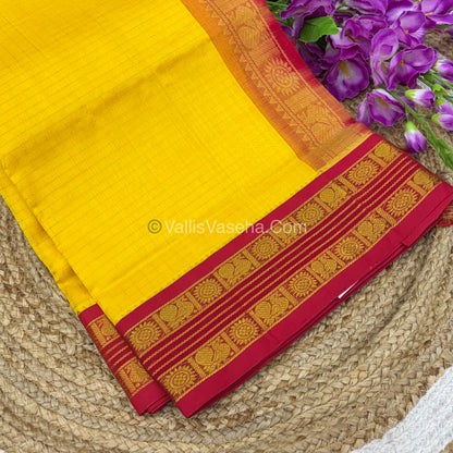 Pure Korvai Silk Cotton - Retta Petta Border - Yellow With Red Combo - VVKSC010