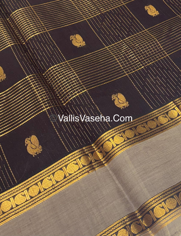 Pure Korvai Silk Cotton - Checks Pattern - Brown  With Cream  Shade  - VVKSC036