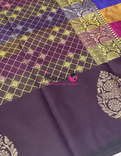 Semi Soft Silk  - Madras Checks Pattern - Brown Shade  - VVSSS042