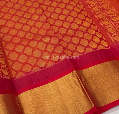 Pure Korvai Silk Cotton Saree - Yellow with Red Combo - Temple border - VVKSC001