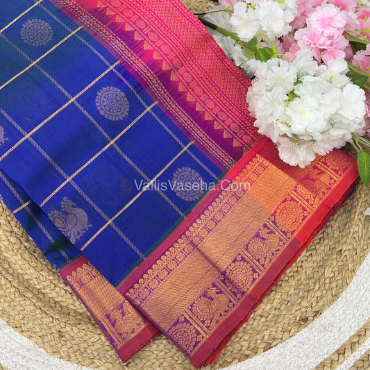 Pure Silk Cotton Saree - Mayil & Chakkaram Design - Double Tone Blue with Peachish Pink - VVMC001