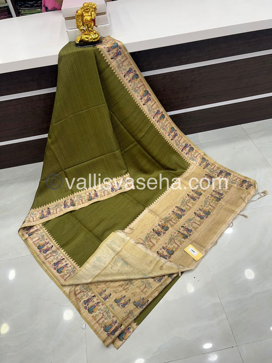 Semi Tussar Silk - Vairavoosi Design - Mahendi Green & Cream Shade - VVSTS030