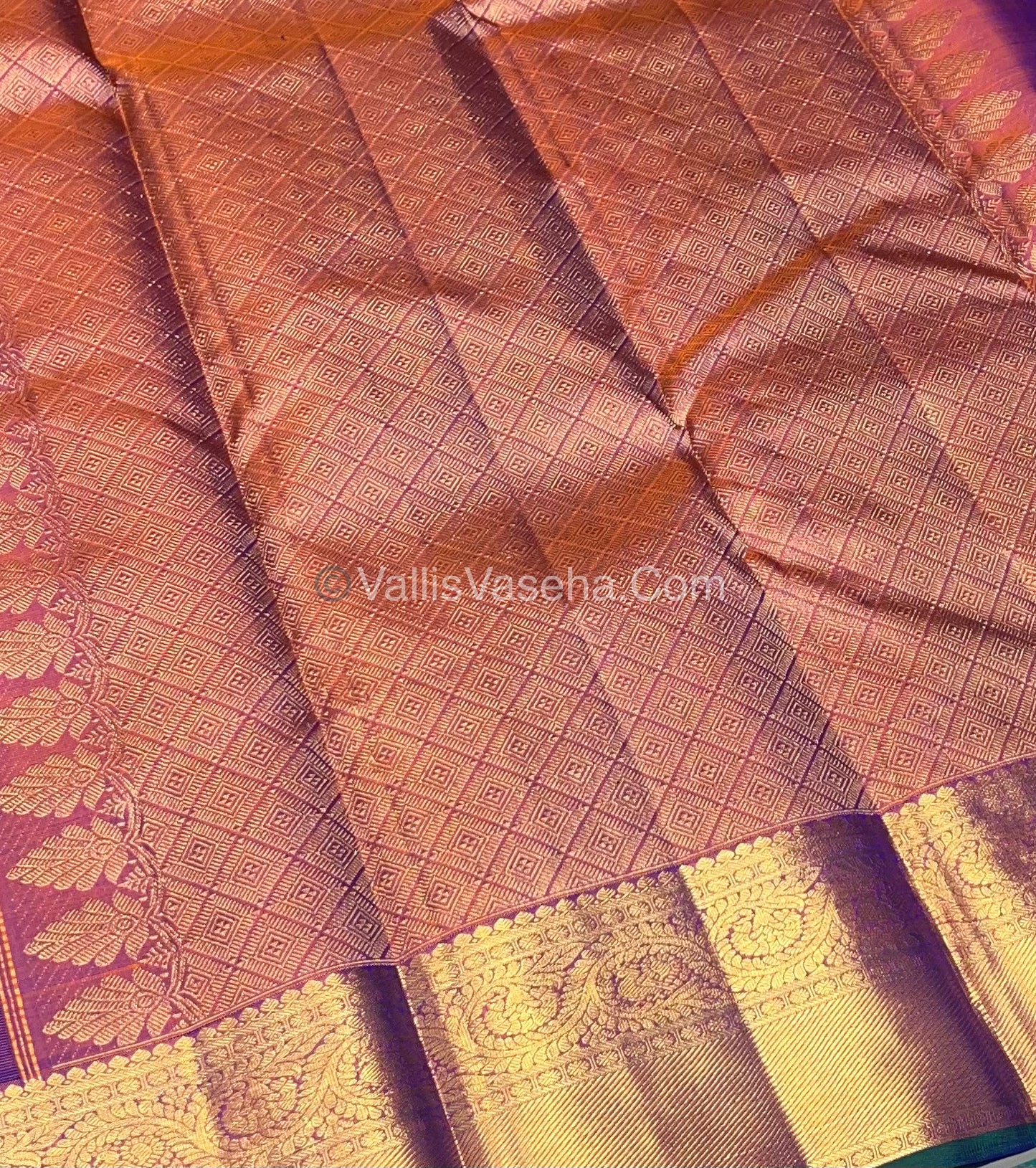 Pure Kanchipuram Silk Saree - Blue & Peachish Gold Shade - VVPS014