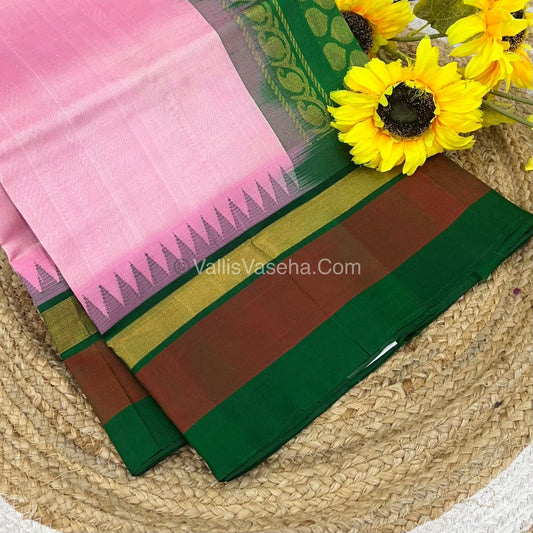 Pure Korvai Silk Cotton Saree - Light Pink With Green Shade Temple border - VVKSC001