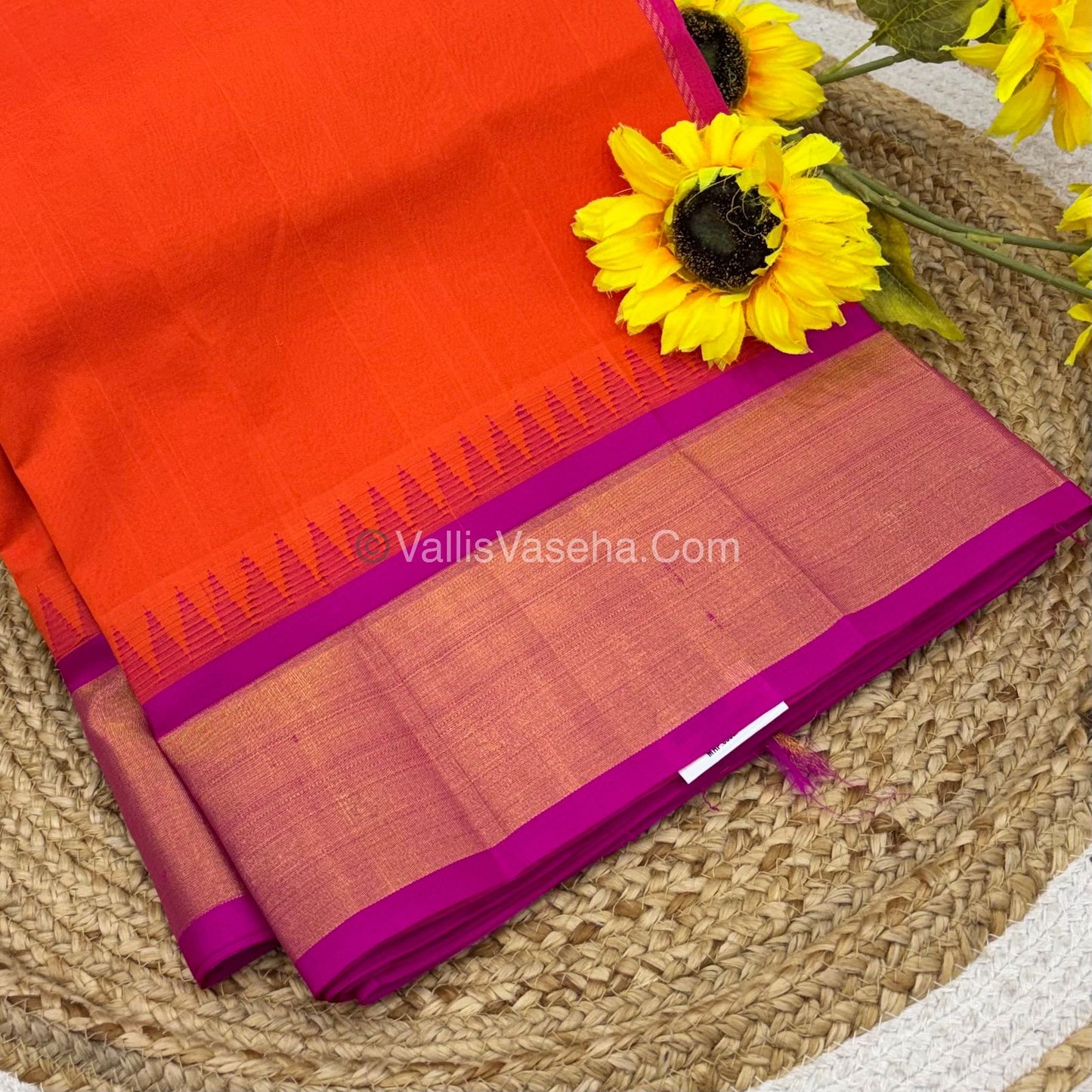 Pure Korvai Silk Cotton Saree - Orange With Pink  Shade Temple border - VVKSC001