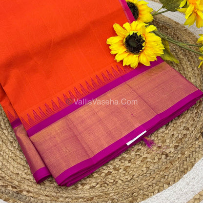 Pure Korvai Silk Cotton Saree - Orange With Pink  Shade Temple border - VVKSC001